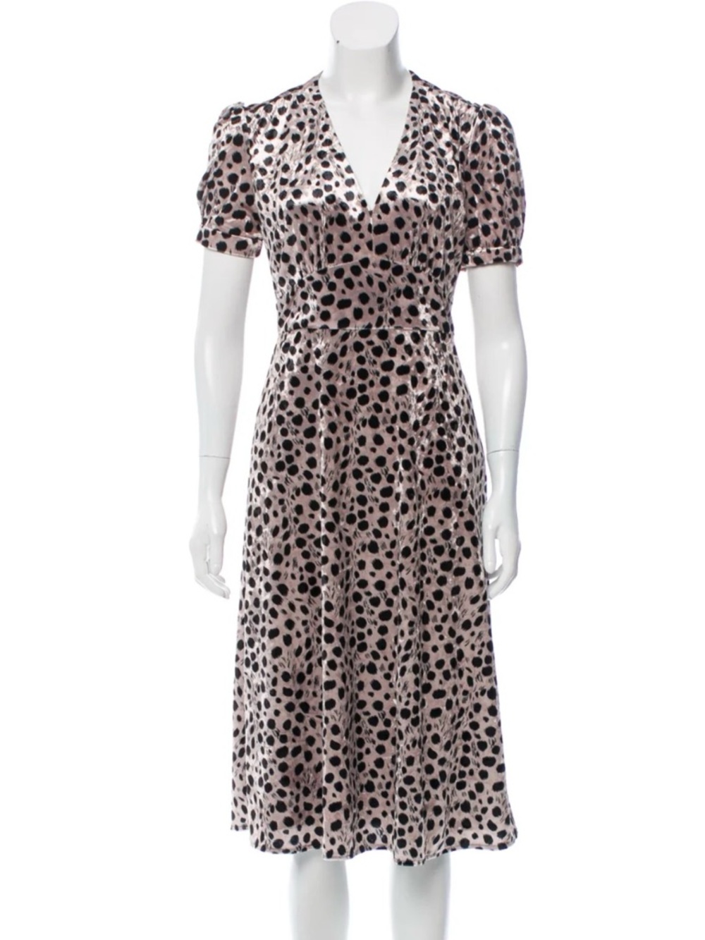 HVN Leopard Print Midi Dress Size 4 Puff Sleeve V-Neck Brown Black Feminine